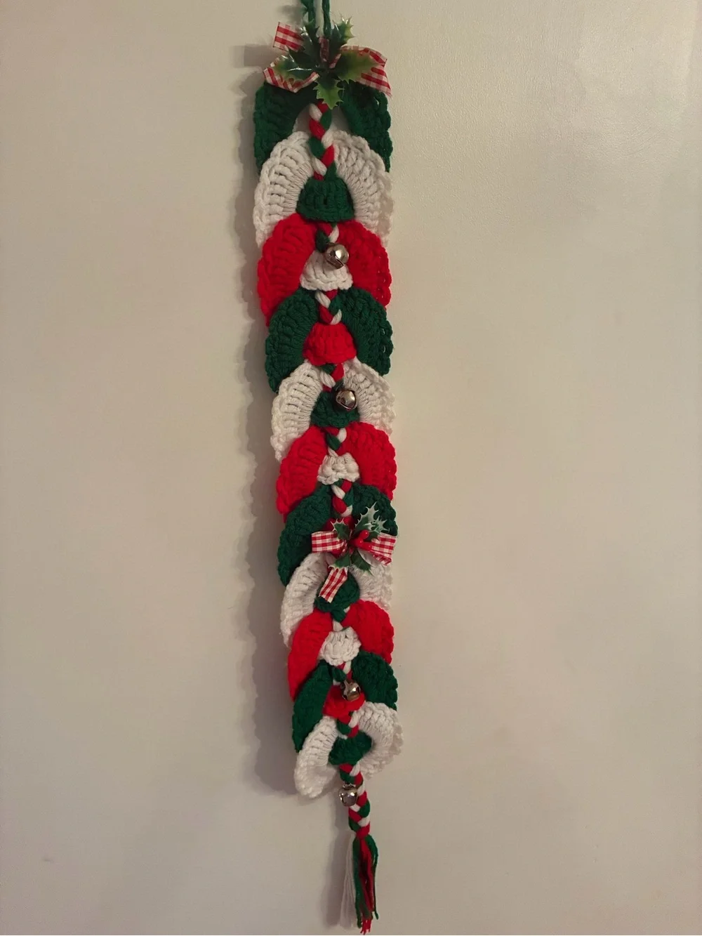 Vintage Hand Crochet Christmas Door Hanger Jingle Bells Garland Holiday Decor